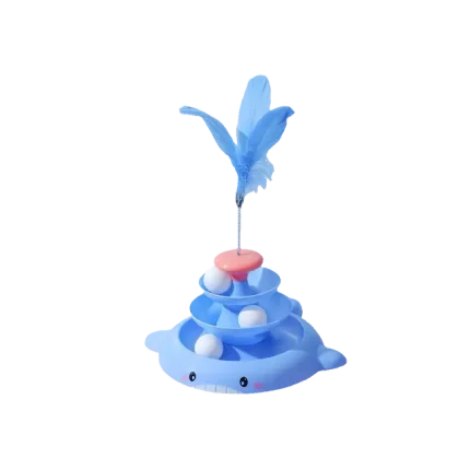 3-Tier Turnable Disk Tower Toy for Cats with Feather Fish
